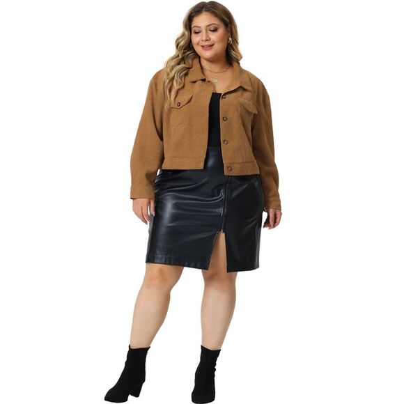 Plus Size Lightweight Cropped Shacket Button Down Corduroy Shacket Jackets Brown - Picture 3 of 6